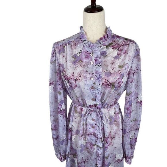 Vintage Floral High Neck Ruffle Front Dress Women’s *M Long Sleeve Boho Maxi - Picture 3 of 10